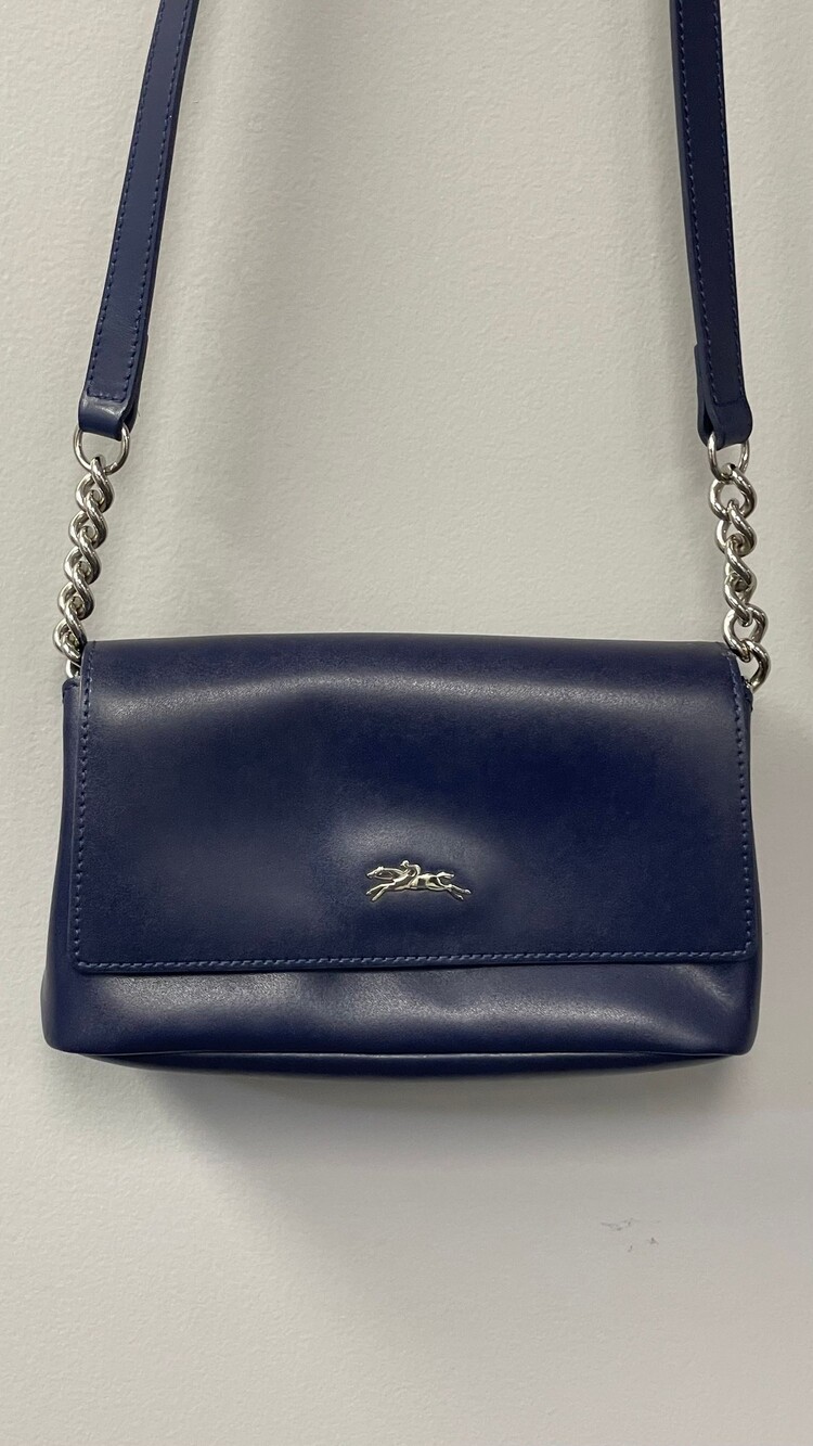 Longchamp Navy Leather Crossbody Bag with Silver Horse Logo